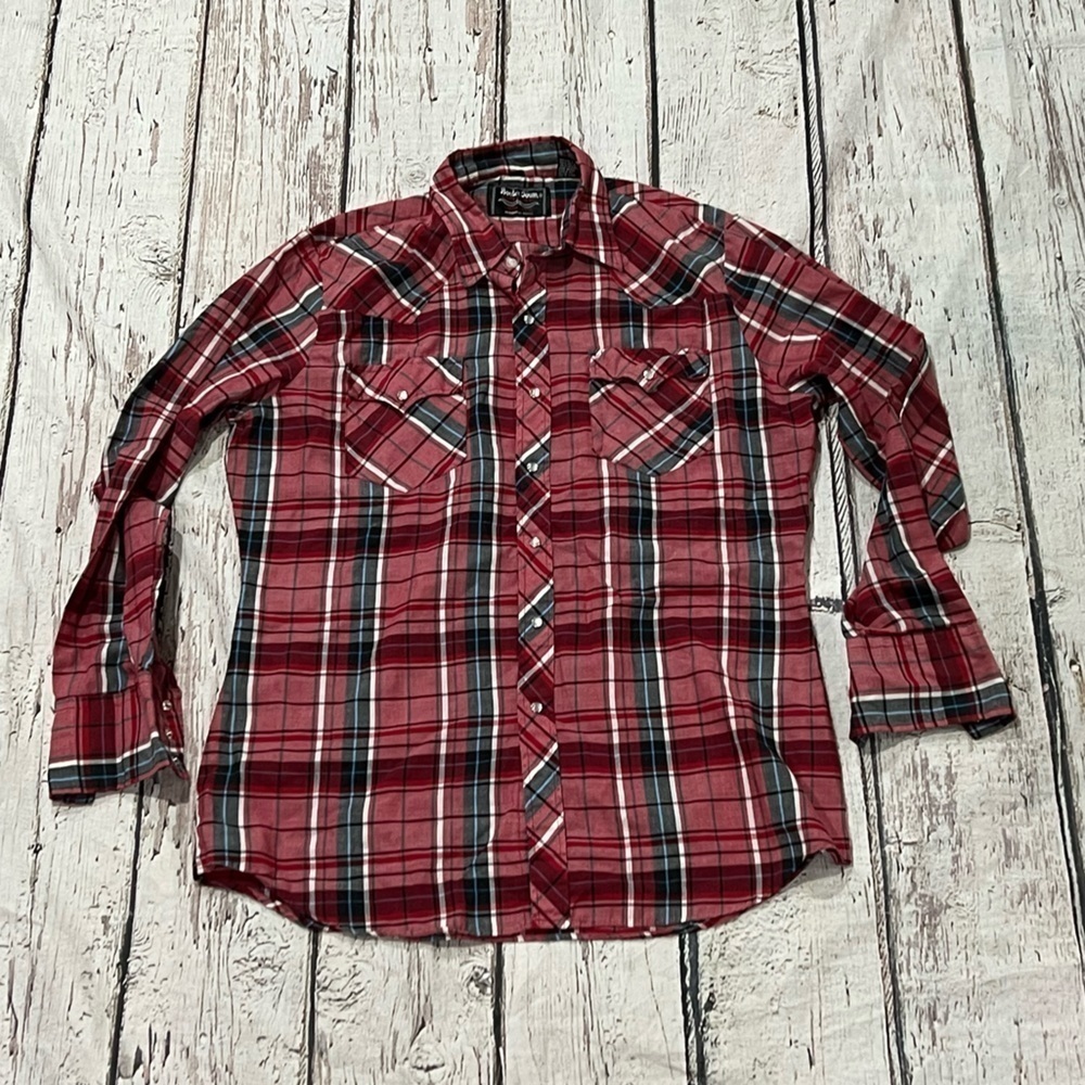 Vintage Border Town Western Pearl Snap Button Down Cowboy Plaid Shirt